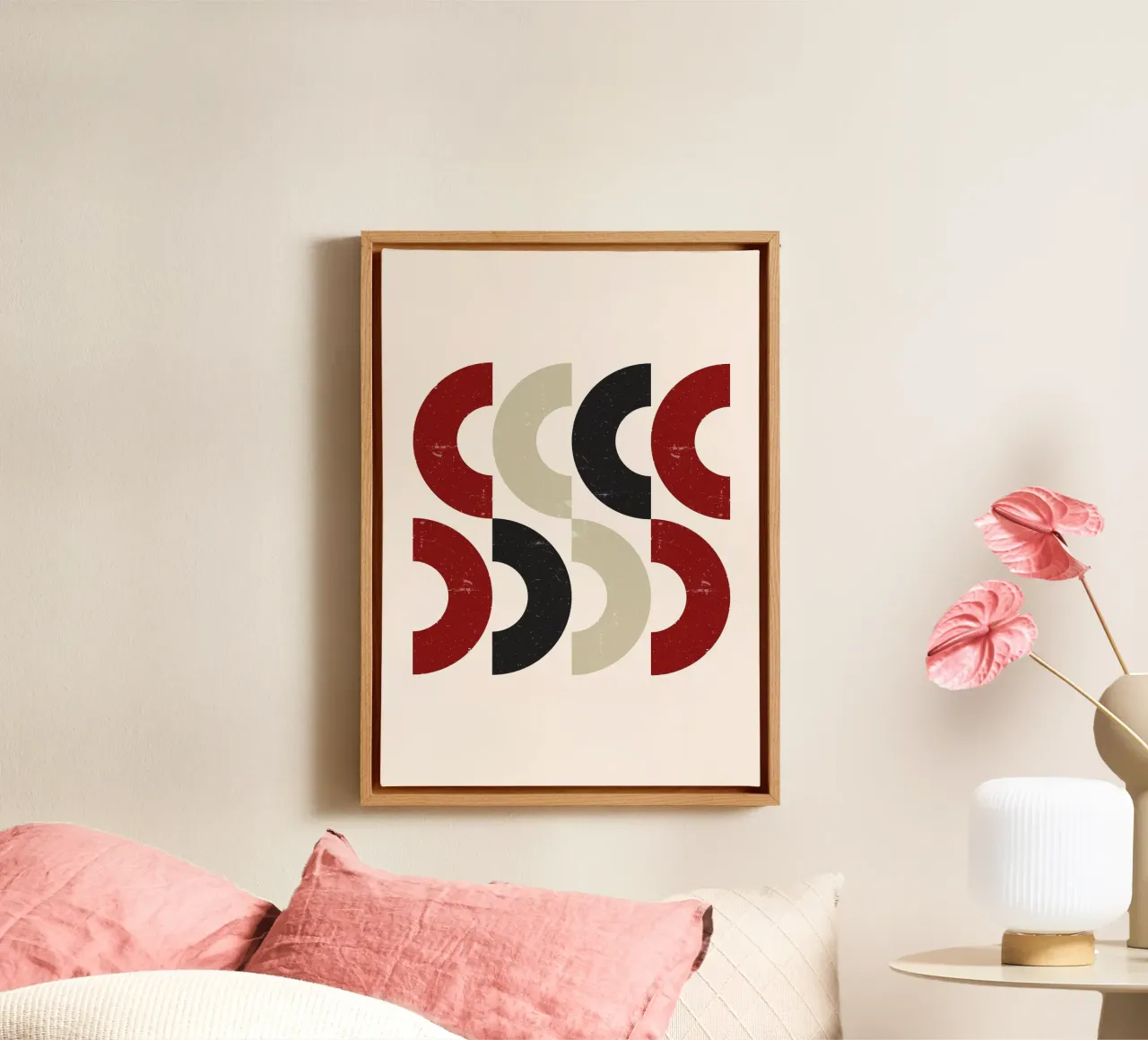 Textured Arcs: Geometric Abstract, Red Black & Beige Art canvas by NorwesClub