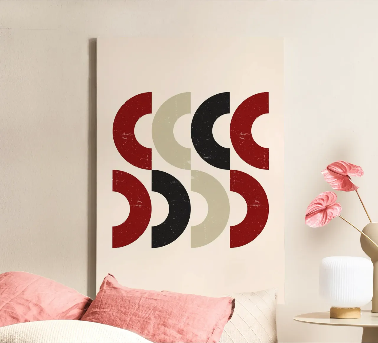 Textured Arcs: Geometric Abstract, Red Black & Beige Art canvas by NorwesClub