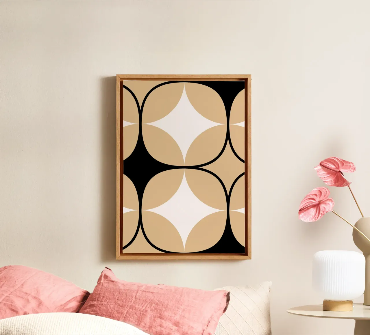 Op Art Cirkels: Geometrisch Abstract, Beige Zwart & Wit Tren canvas met Baklijst van NorwesClub