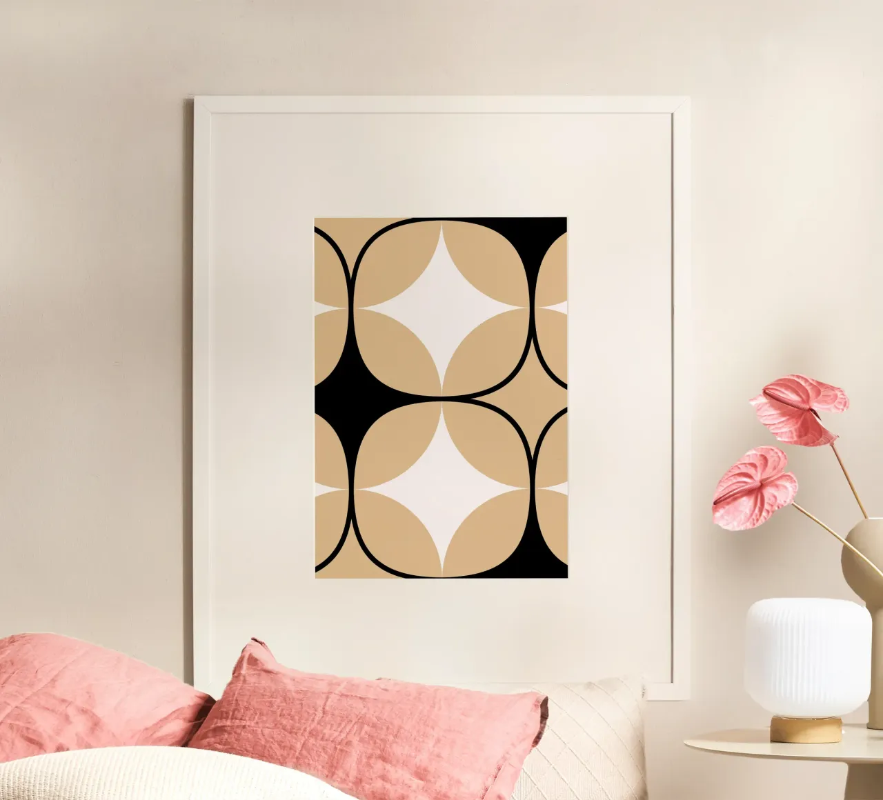 Op Art Cirkels: Geometrisch Abstract, Beige Zwart & Wit Tren poster met houten frame van NorwesClub