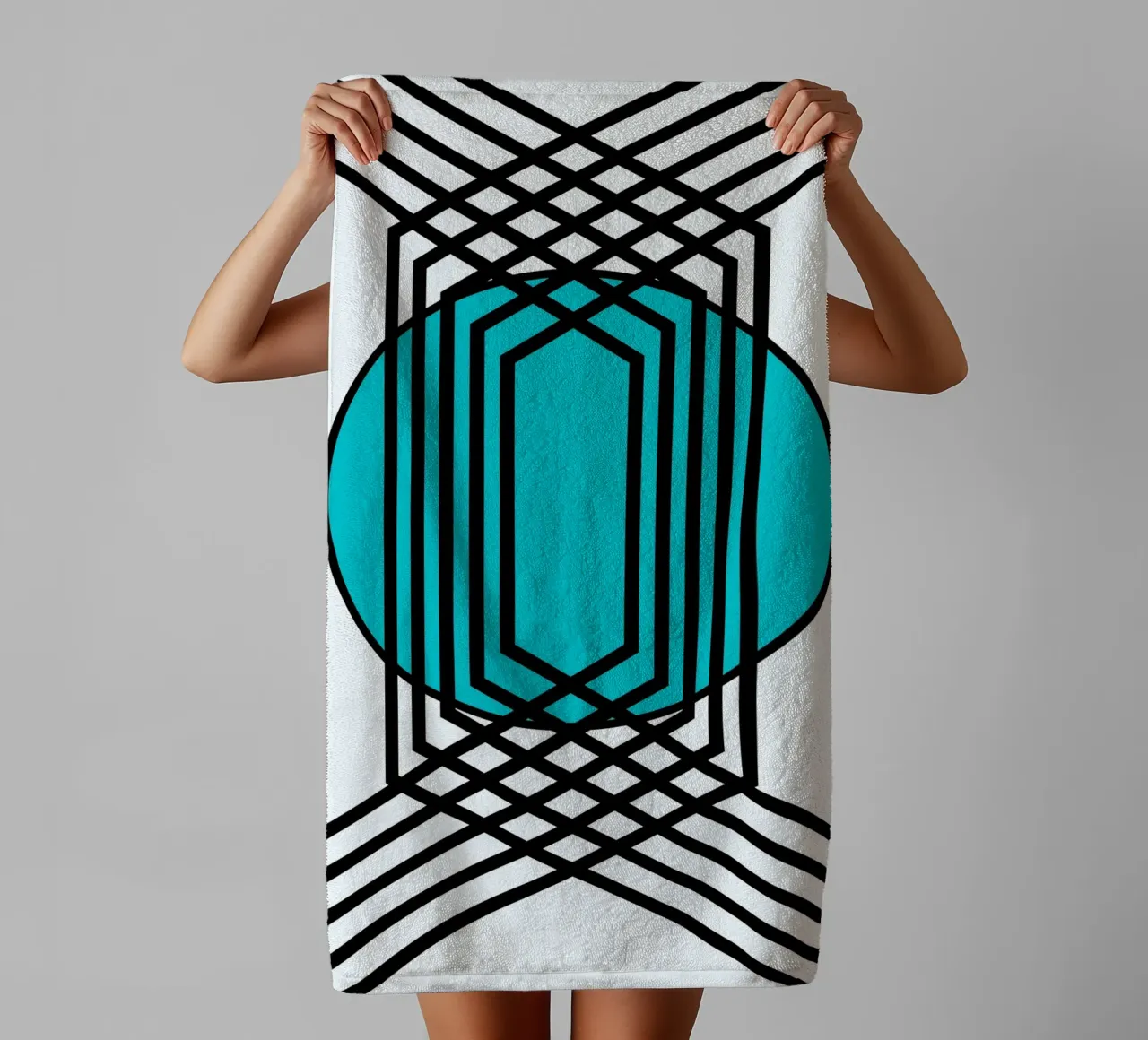 Griglia Op Art: Illusione geometrica, linee turchesi e nere Arte asciugamano da bagno da NorwesClub