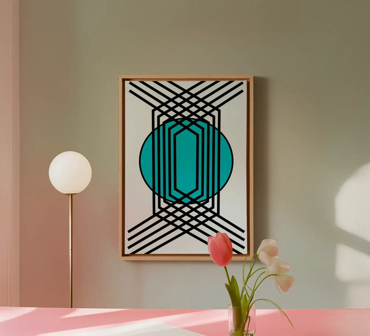 Griglia Op Art: Illusione geometrica, linee turchesi e nere Arte tela con Cornice a cassetta da NorwesClub