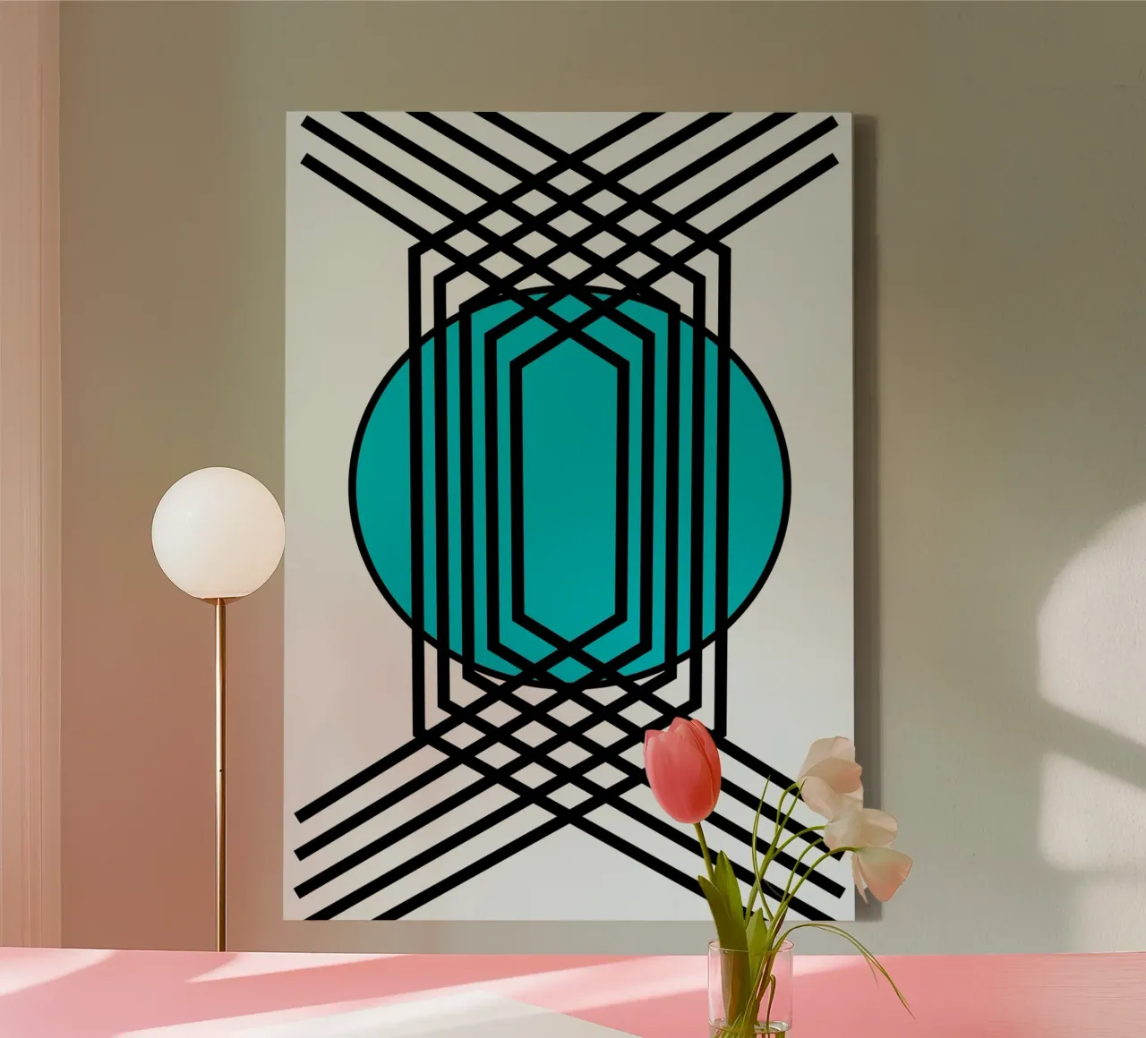 Griglia Op Art: Illusione geometrica, linee turchesi e nere Arte tela con Cornice a cassetta da NorwesClub