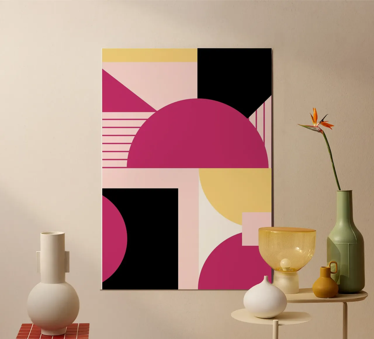 Geometric Pop: Rosa & Schwarz Abstrakt, Moderner Trend Kunstdruck Alu-Dibond von NorwesClub