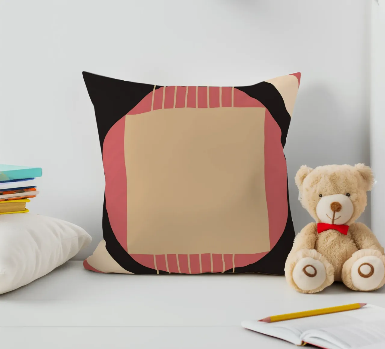 Geometrico di metà secolo: Rosa e nero astratto, linee moderne A cuscino da NorwesClub