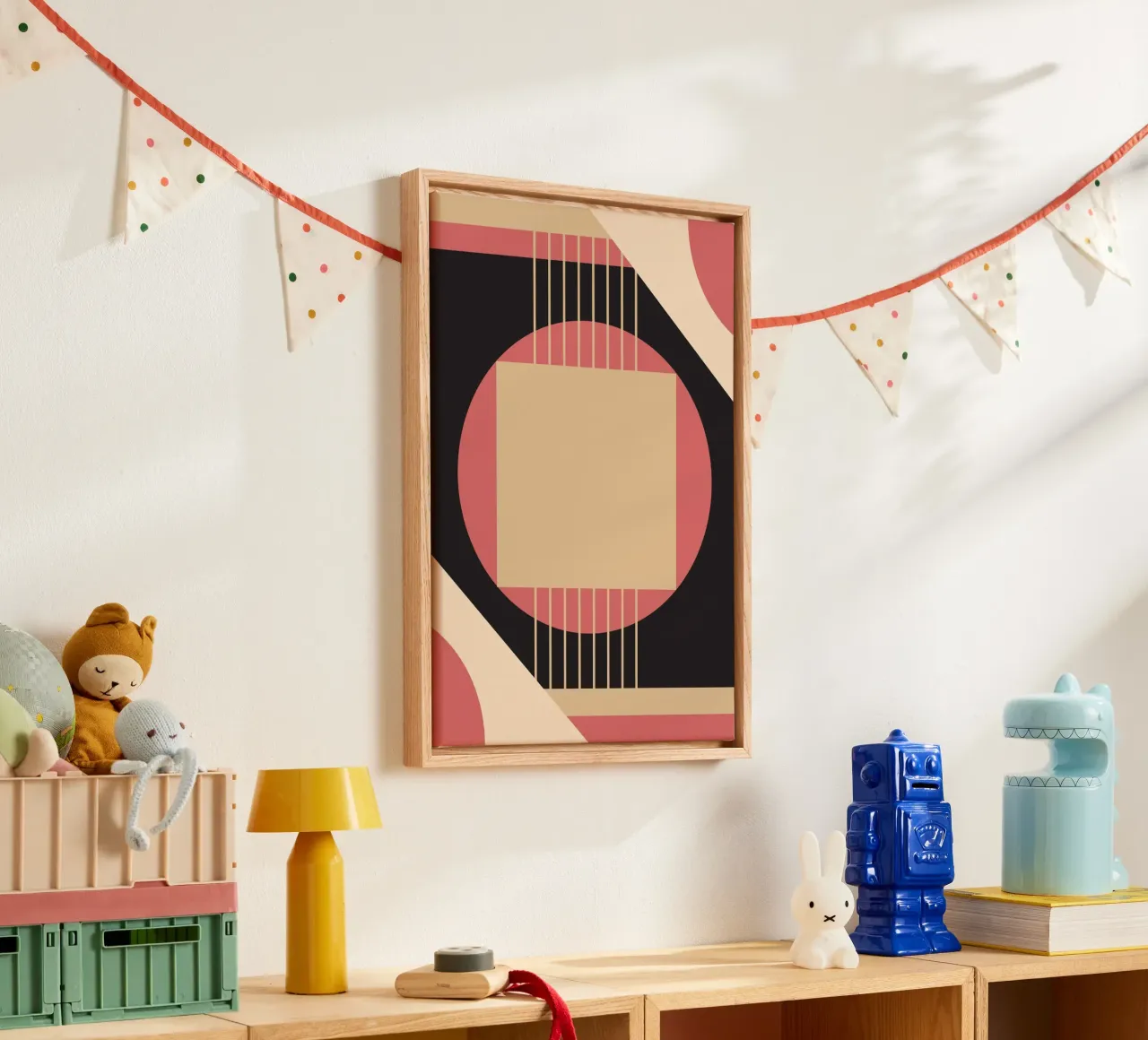 Geometrico di metà secolo: Rosa e nero astratto, linee moderne A tela con Cornice a cassetta da NorwesClub