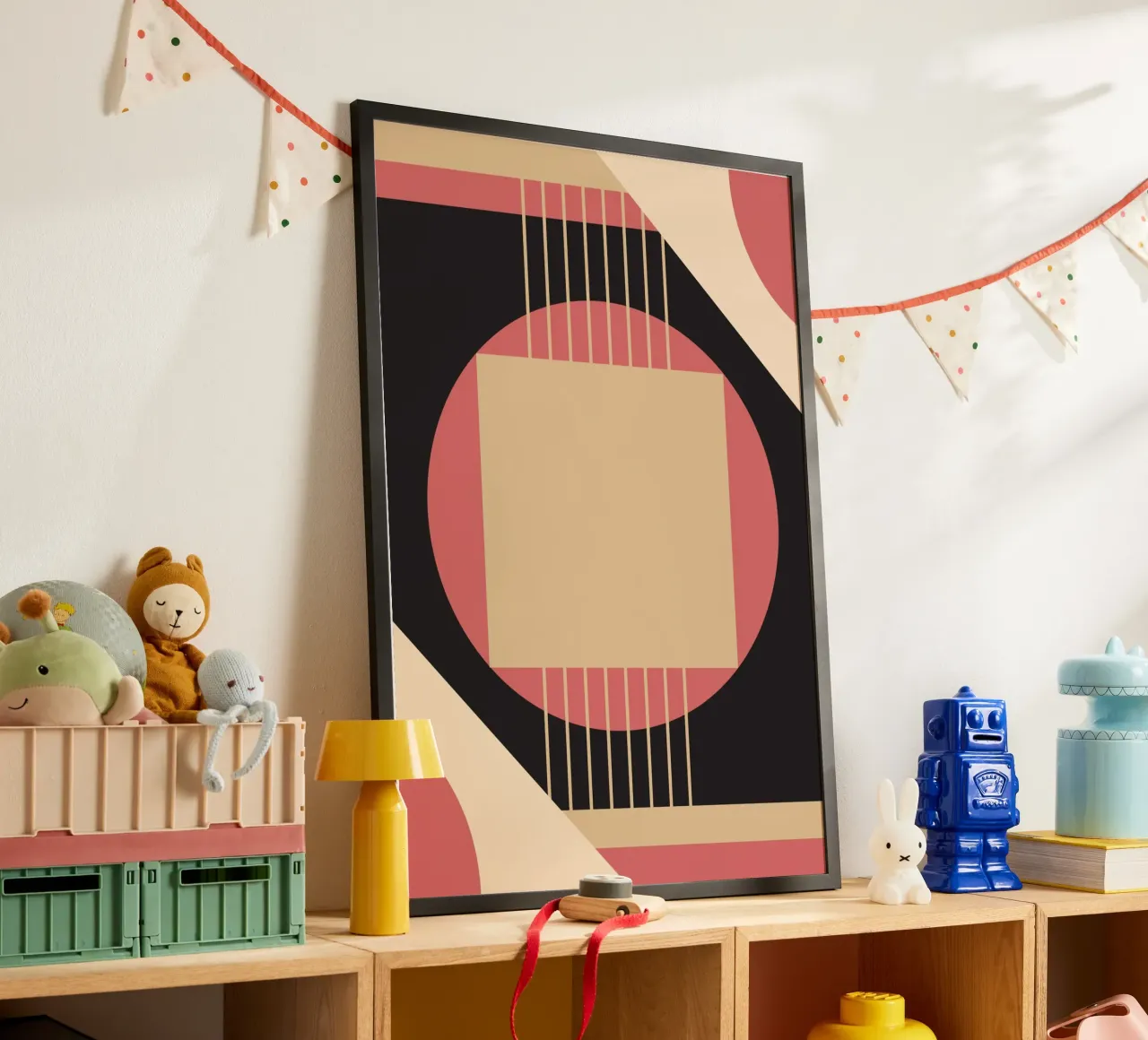 Geométrico de mediados de siglo: Rosa y Negro Abstracto, Líneas Modernas A poster con marco de aluminio de NorwesClub