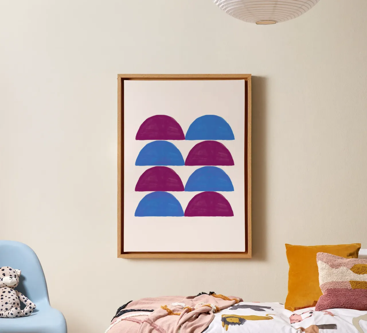Golvend abstract: Paarse en blauwe bogen, moderne organische kunstdruk canvas met Baklijst van NorwesClub