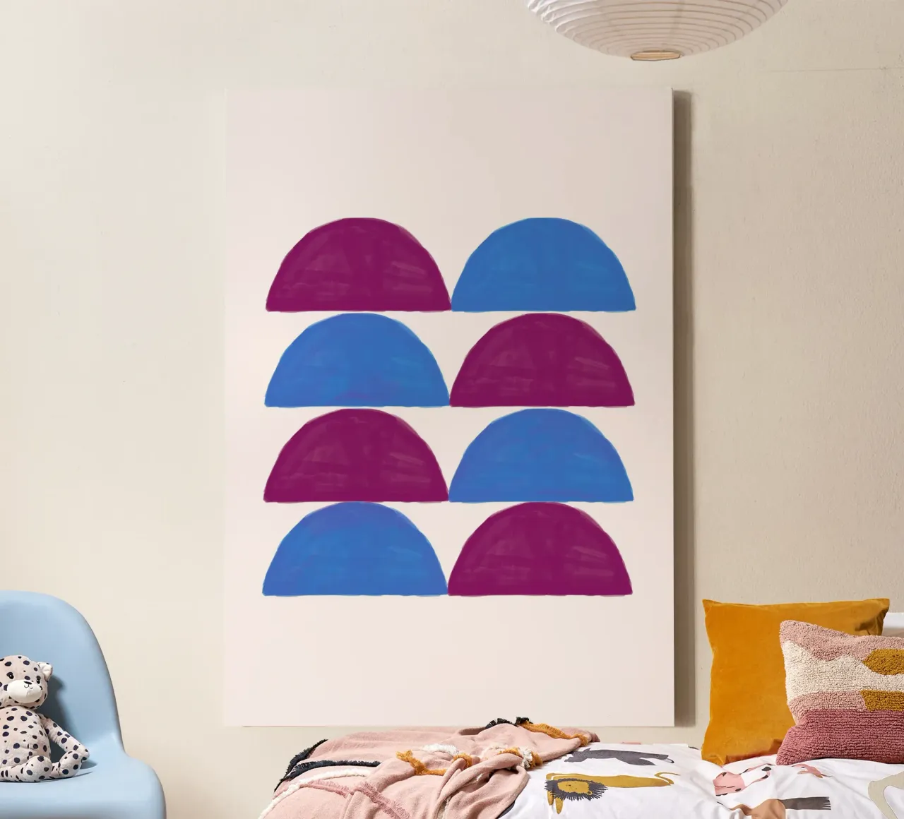 Golvend abstract: Paarse en blauwe bogen, moderne organische kunstdruk canvas met Baklijst van NorwesClub