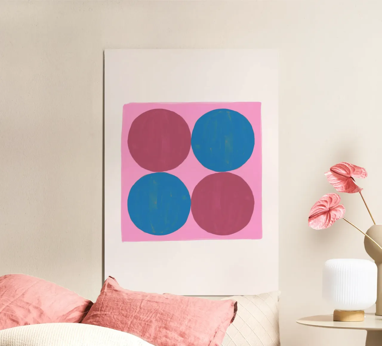 Pop Art Dots: Pink, Blue & Red Squares, Modern Textured Art poster with aluminum frame by NorwesClub