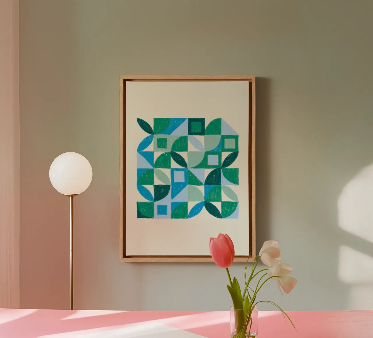 Organic Geometric: Blue & Green Abstract, Textured Tile Art canvas with Floater frame by NorwesClub