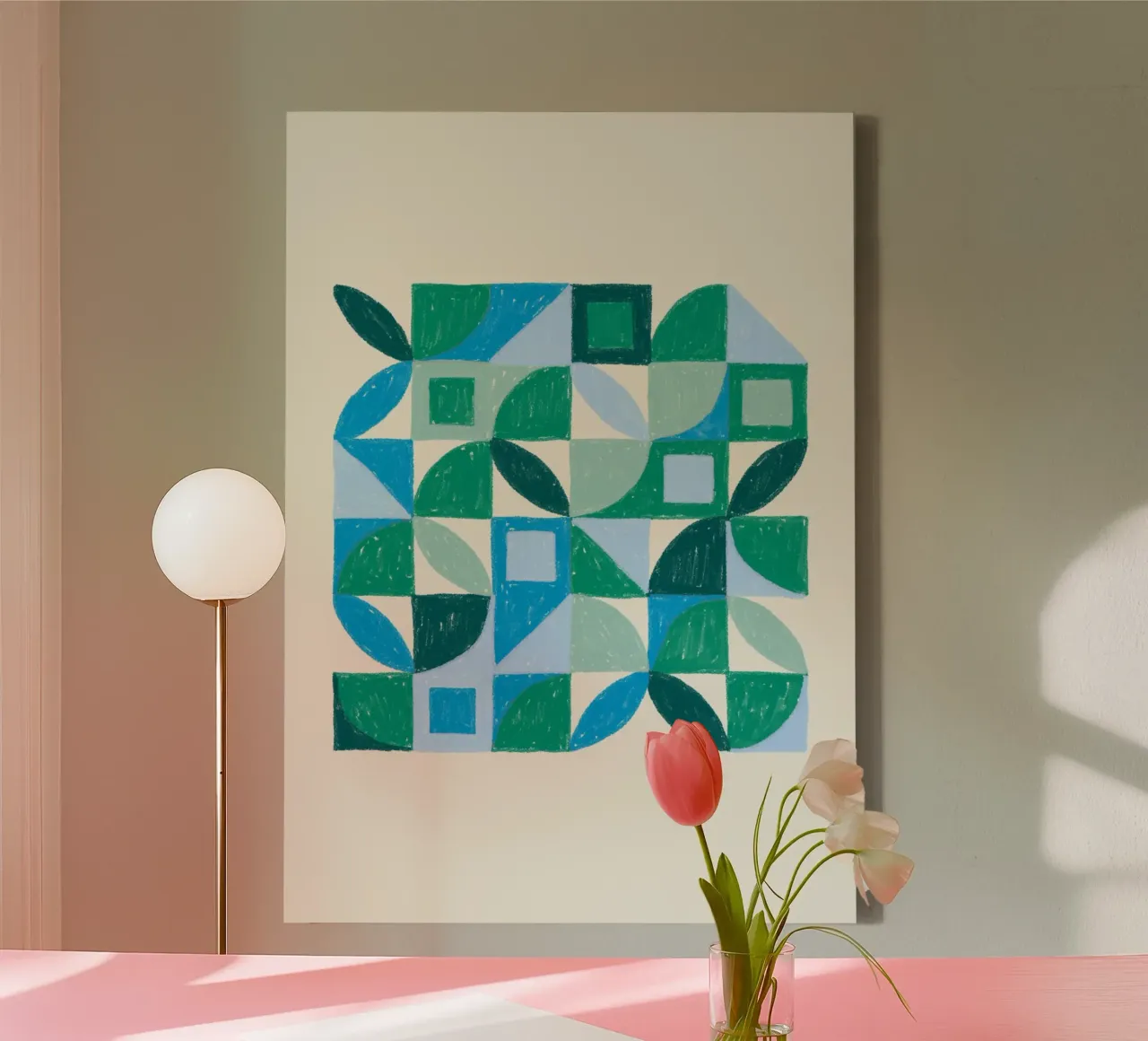 Organic Geometric: Blue & Green Abstract, Textured Tile Art canvas with Floater frame by NorwesClub