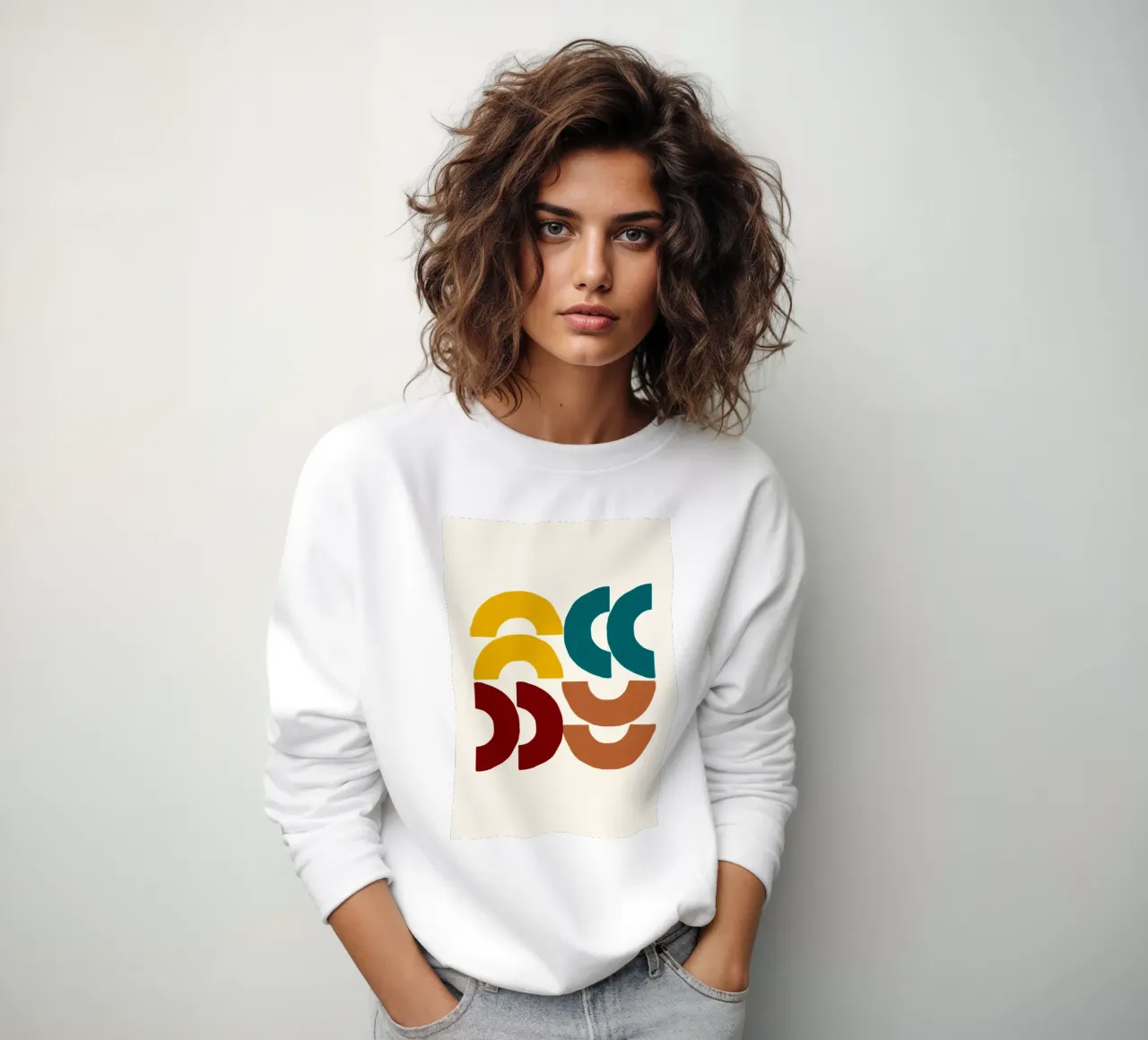 Earthy Arcs: Abstract Geometric, Yellow Teal & Red Art sweatshirt by NorwesClub