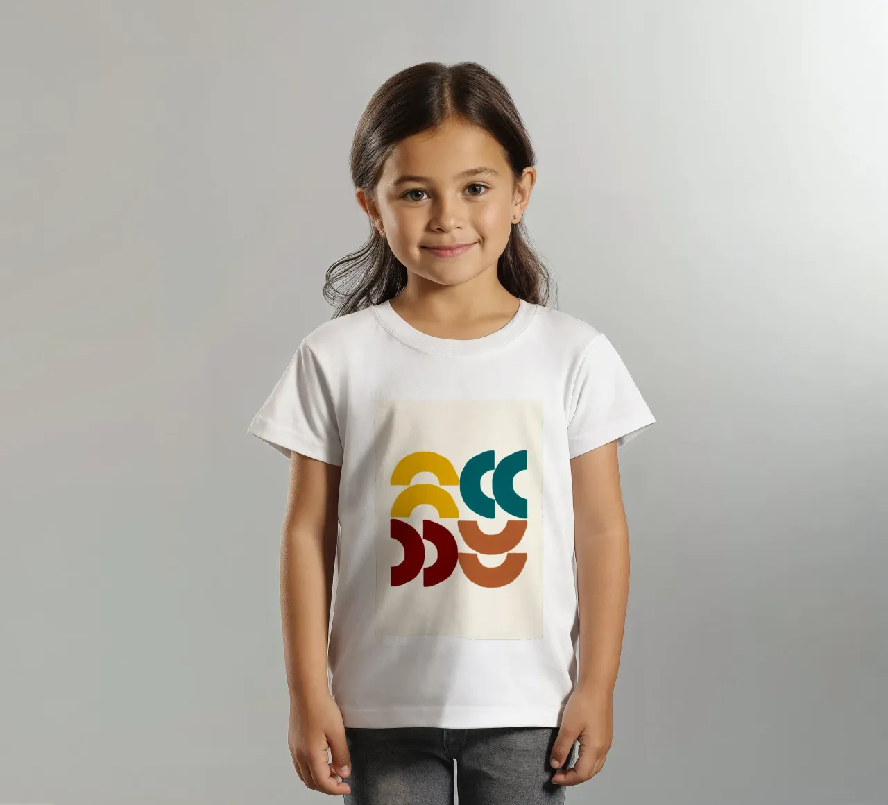 Earthy Arcs: Abstract Geometric, Yellow Teal & Red Art kids t-shirt by NorwesClub