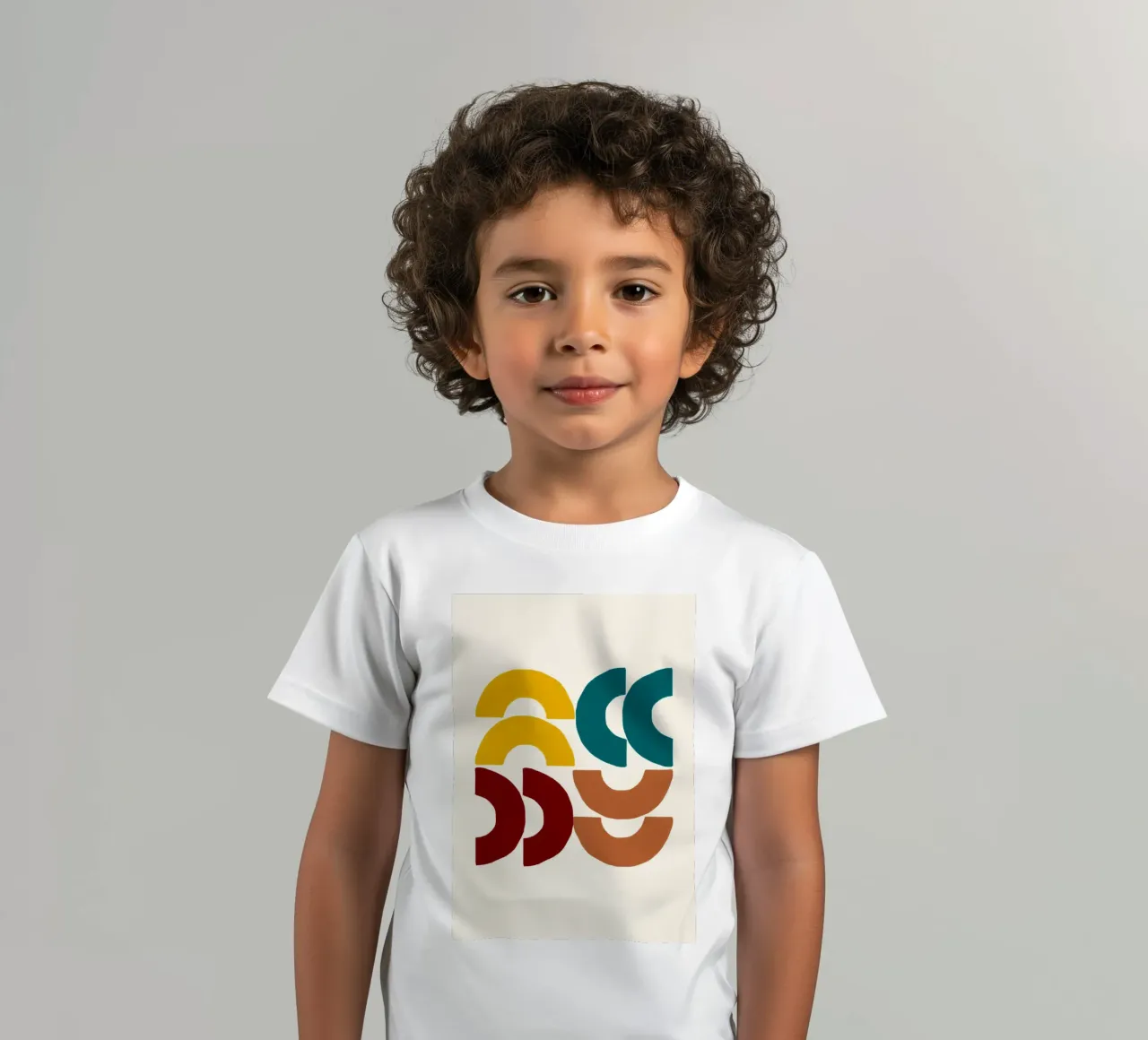 Earthy Arcs: Abstract Geometric, Yellow Teal & Red Art kids t-shirt by NorwesClub