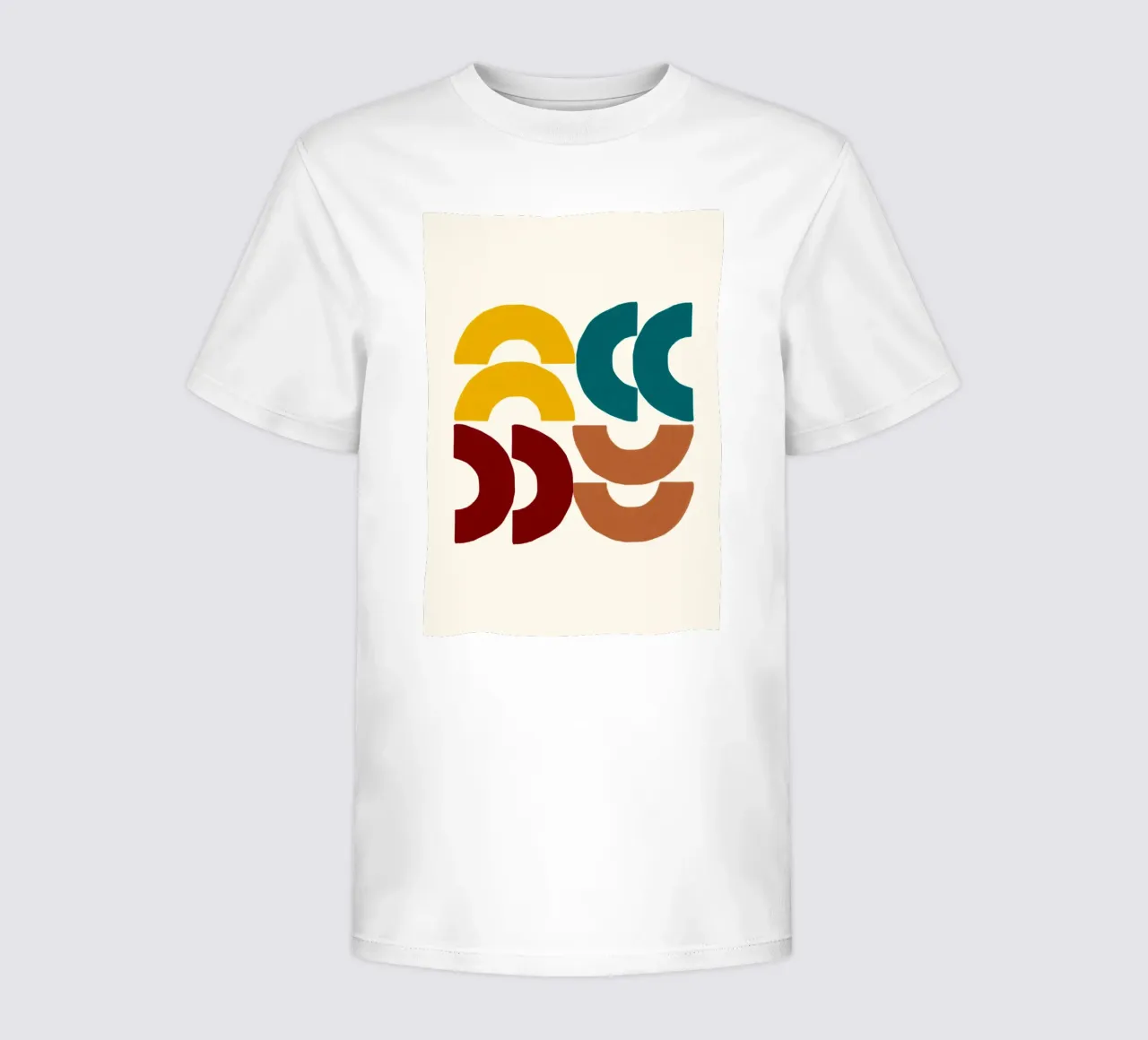 Earthy Arcs: Abstract Geometric, Yellow Teal & Red Art kids t-shirt by NorwesClub