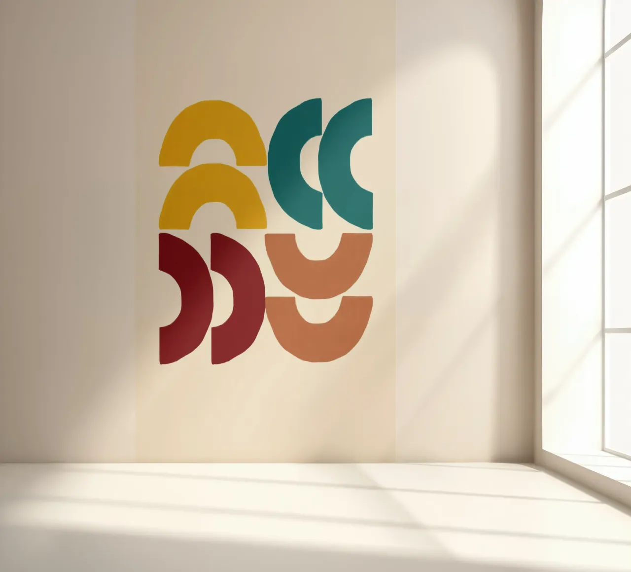 Earthy Arcs: Abstract Geometric, Yellow Teal & Red Art photo wallpaper by NorwesClub