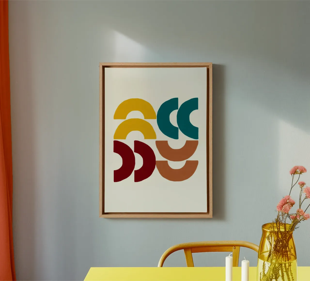 Earthy Arcs: Abstract Geometric, Yellow Teal & Red Art canvas with Floater frame by NorwesClub