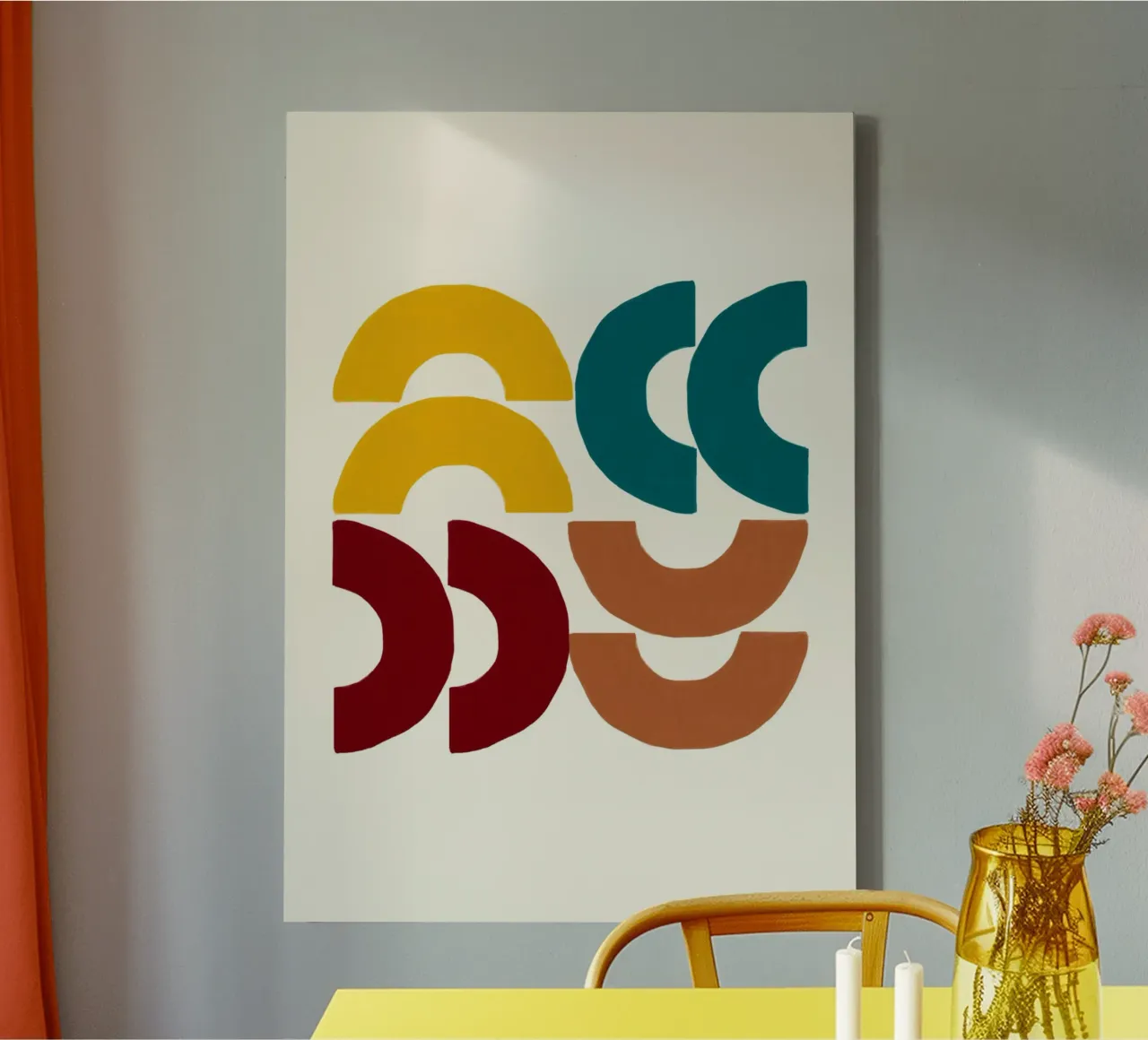 Earthy Arcs: Abstract Geometric, Yellow Teal & Red Art canvas with Floater frame by NorwesClub