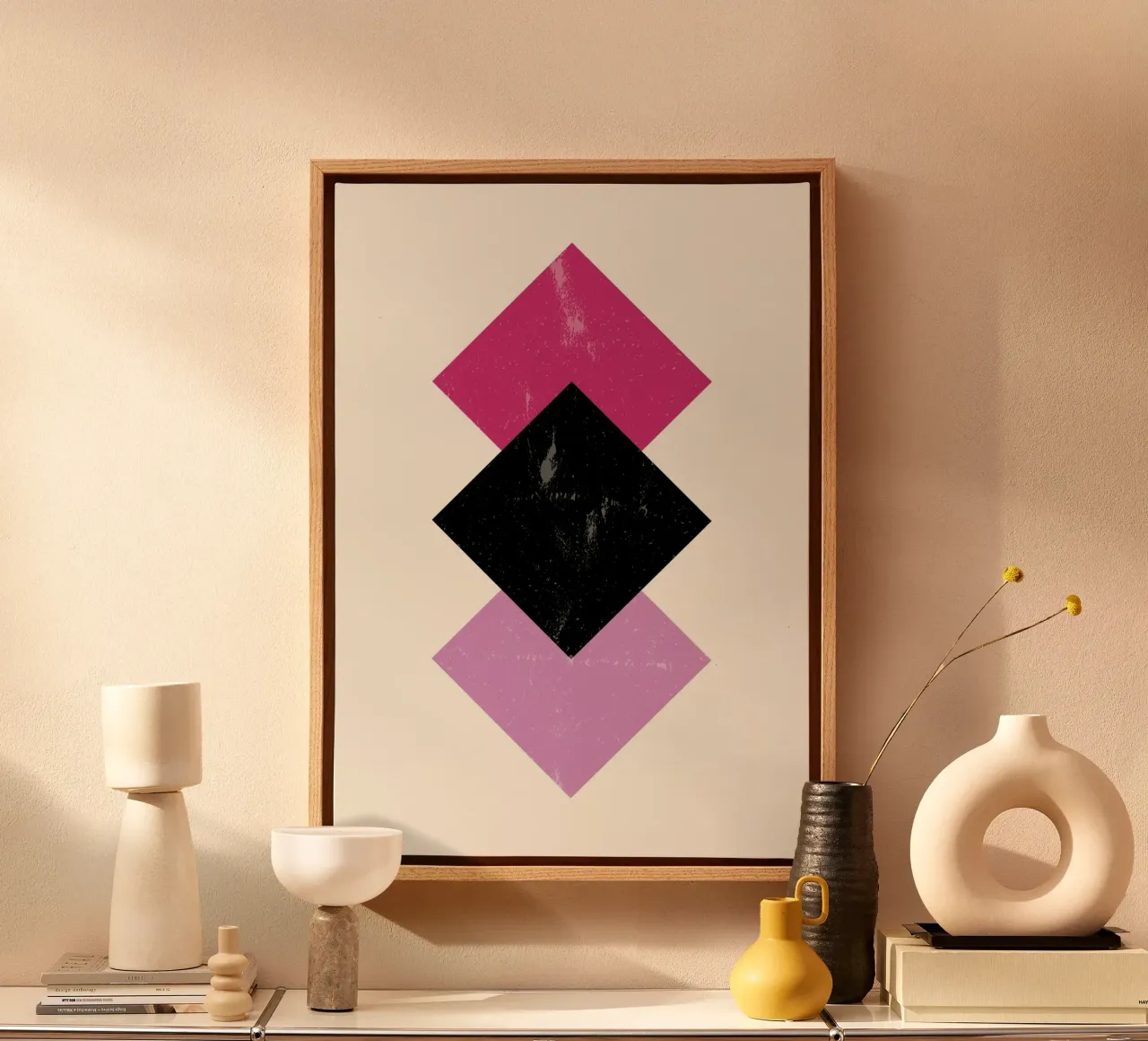 Abstracte ruiten: Roze & Zwart, Textuur Moderne Kunst canvas met Baklijst van NorwesClub