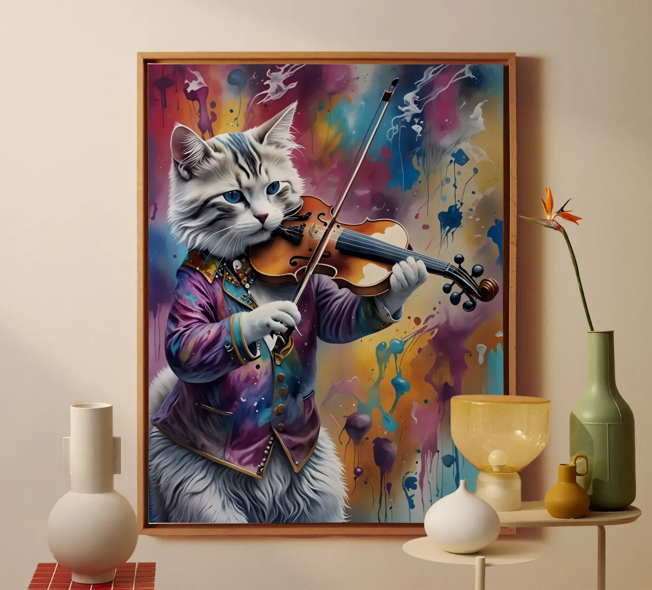 "Violin Cat" Poster — Artistic Elegance in a Musical Frame canvas with Floater frame by MakArena