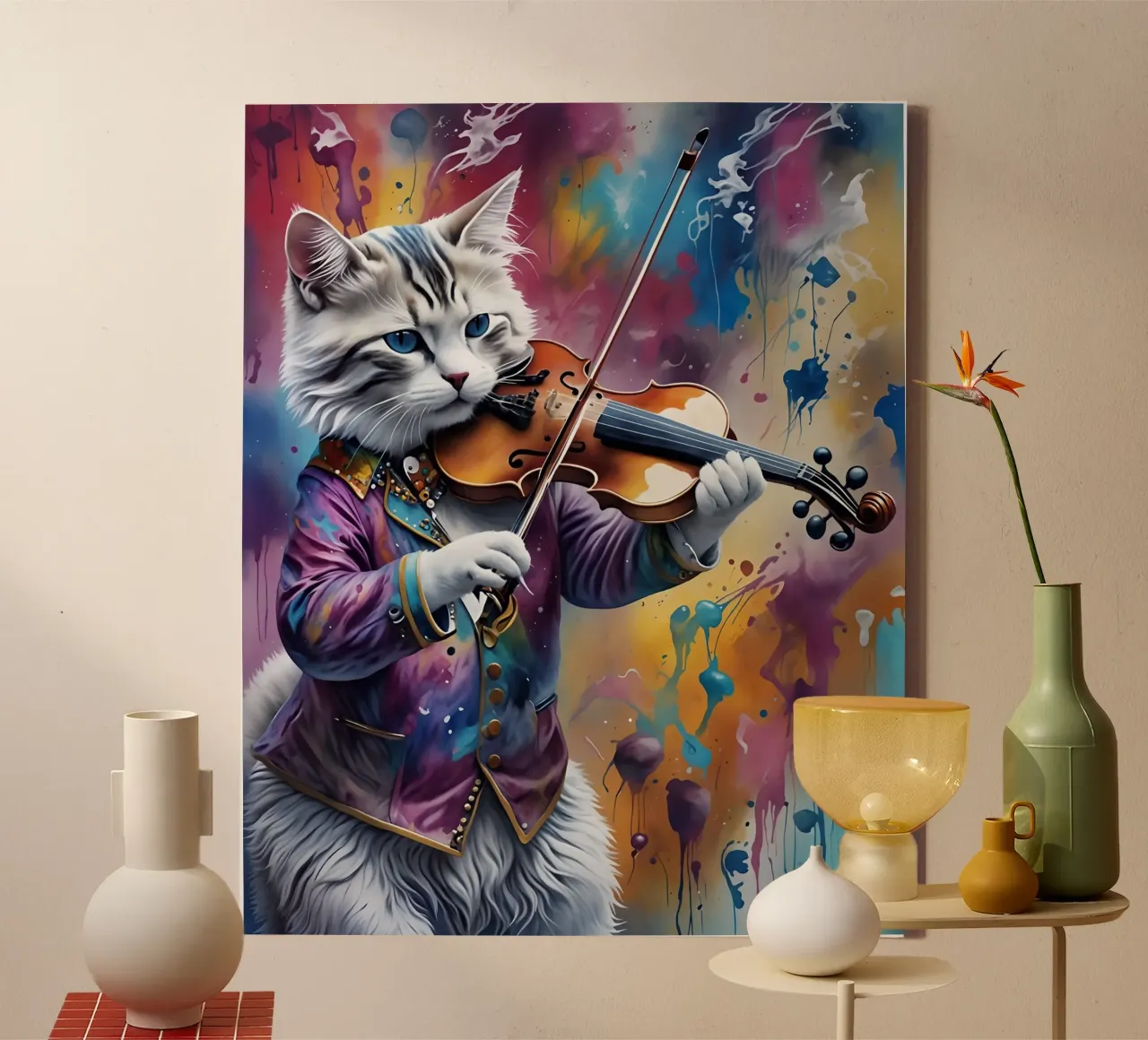 "Violin Cat" Poster — Artistic Elegance in a Musical Frame canvas with Floater frame by MakArena