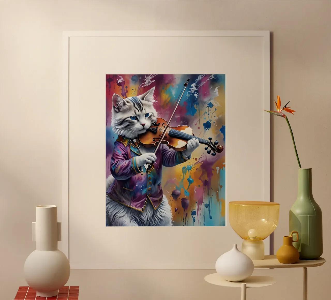 Poster "Gatto violino" - Eleganza artistica in una cornice musicale poster con telaio in legno da MakArena