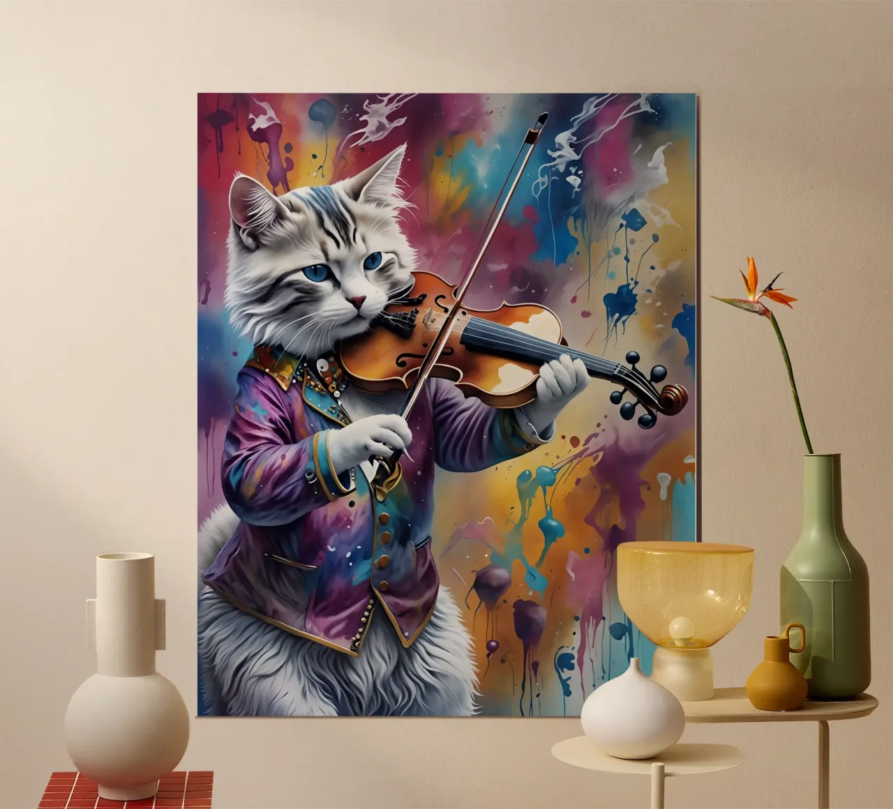 Poster "Gatto violino" - Eleganza artistica in una cornice musicale poster con telaio in legno da MakArena