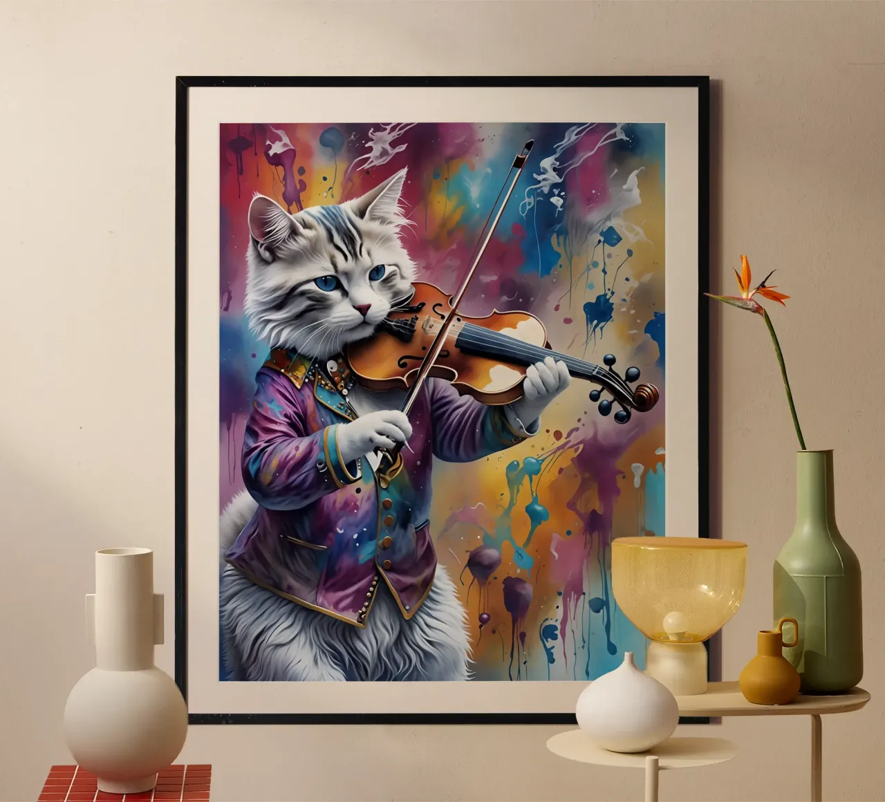 Poster "Gatto violino" - Eleganza artistica in una cornice musicale poster con telaio in legno da MakArena