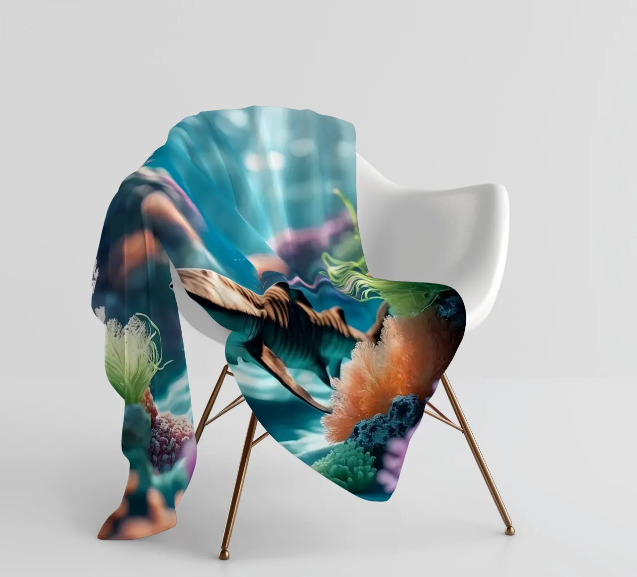 🪸🦈 Tiger Shark | Shadow in the Reef fleece blanket by Trinkets NL Design Studio