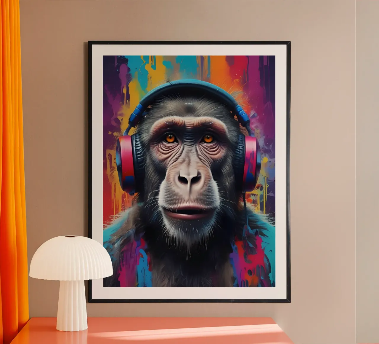 Kopfhörer Ape - Graffiti Groove trifft auf Primaten Cool Poster mit Aluminium Rahmen von MakArena