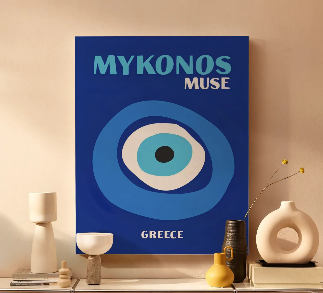 Mykonos Muze: Boze ogen, reizen naar Griekenland & Boho Chic kunst canvas met Baklijst van NorwesClub