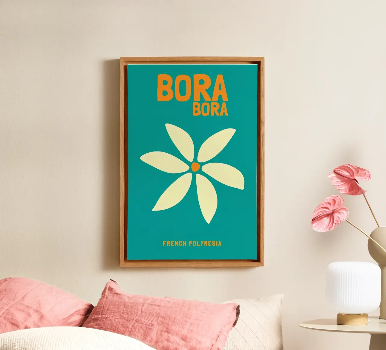 Bora Bora Bliss: Fiore retrò, arte di viaggio in Polinesia Francese tela con Cornice a cassetta da NorwesClub