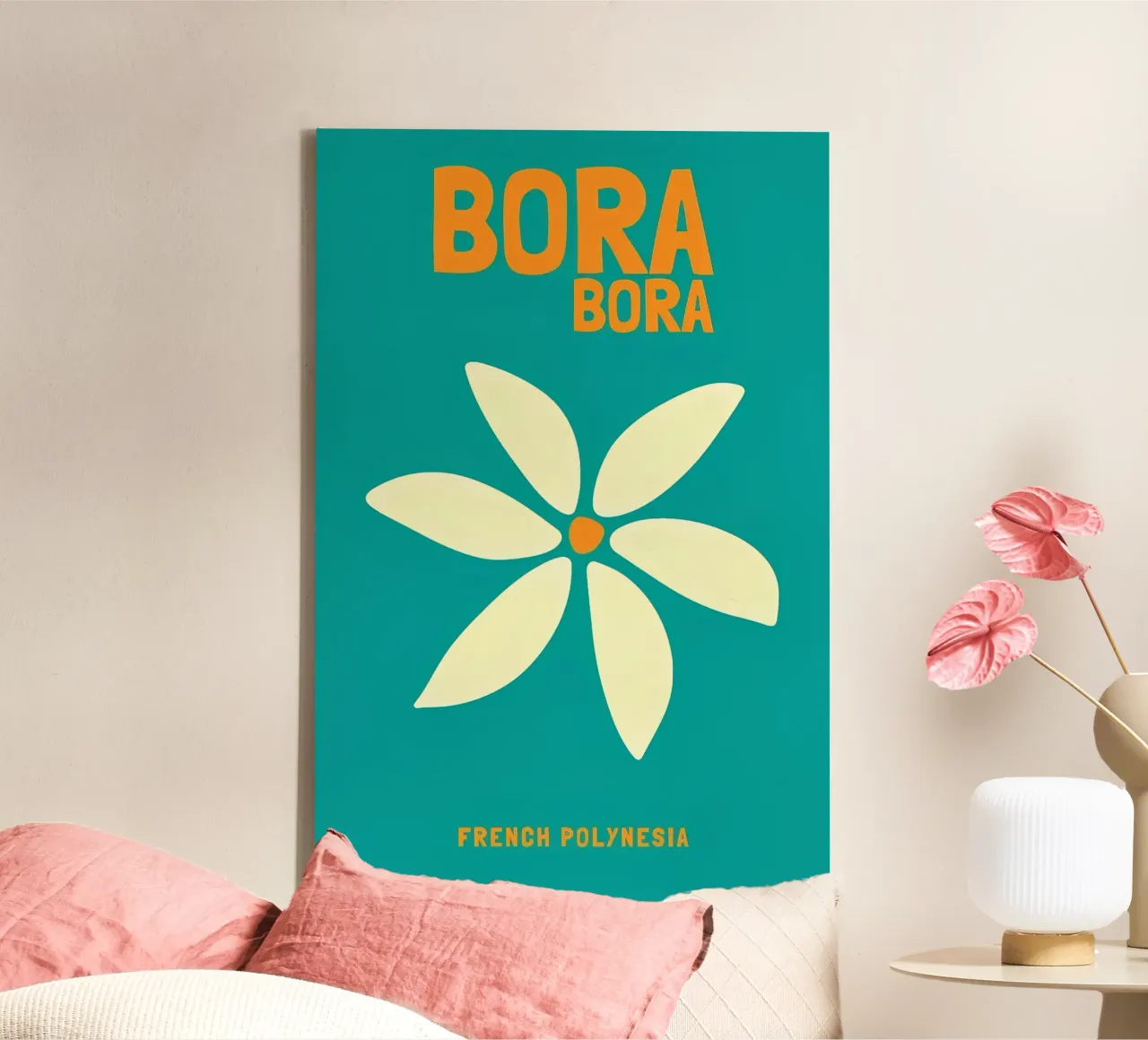 Bora Bora Bliss: Fiore retrò, arte di viaggio in Polinesia Francese tela con Cornice a cassetta da NorwesClub