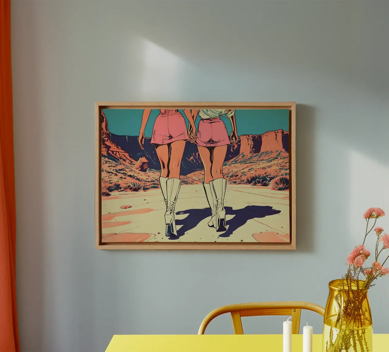 Woestijndromers: Retro Pop Art, Roze rokjes & laarzen Print canvas met Baklijst van NorwesClub