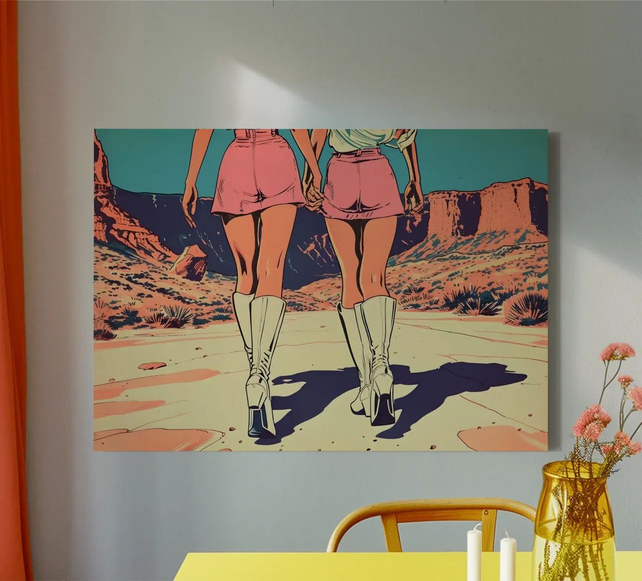 Woestijndromers: Retro Pop Art, Roze rokjes & laarzen Print canvas met Baklijst van NorwesClub