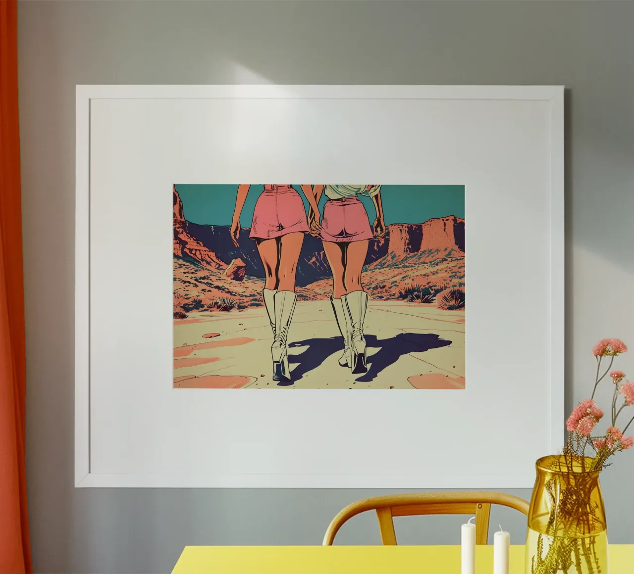 Woestijndromers: Retro Pop Art, Roze rokjes & laarzen Print poster van NorwesClub