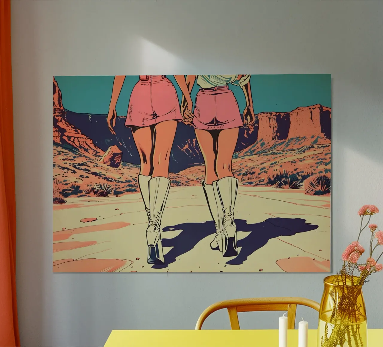 Woestijndromers: Retro Pop Art, Roze rokjes & laarzen Print poster van NorwesClub