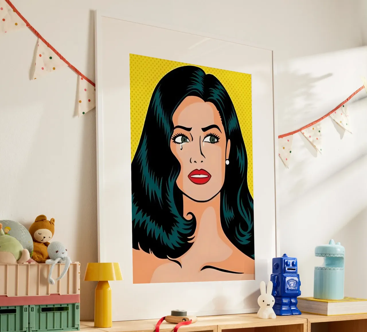 Larmes Pop Art : Impression d'une femme en pleurs inspirée par Roy Lichtenstein poster avec cadre en plastique de NorwesClub