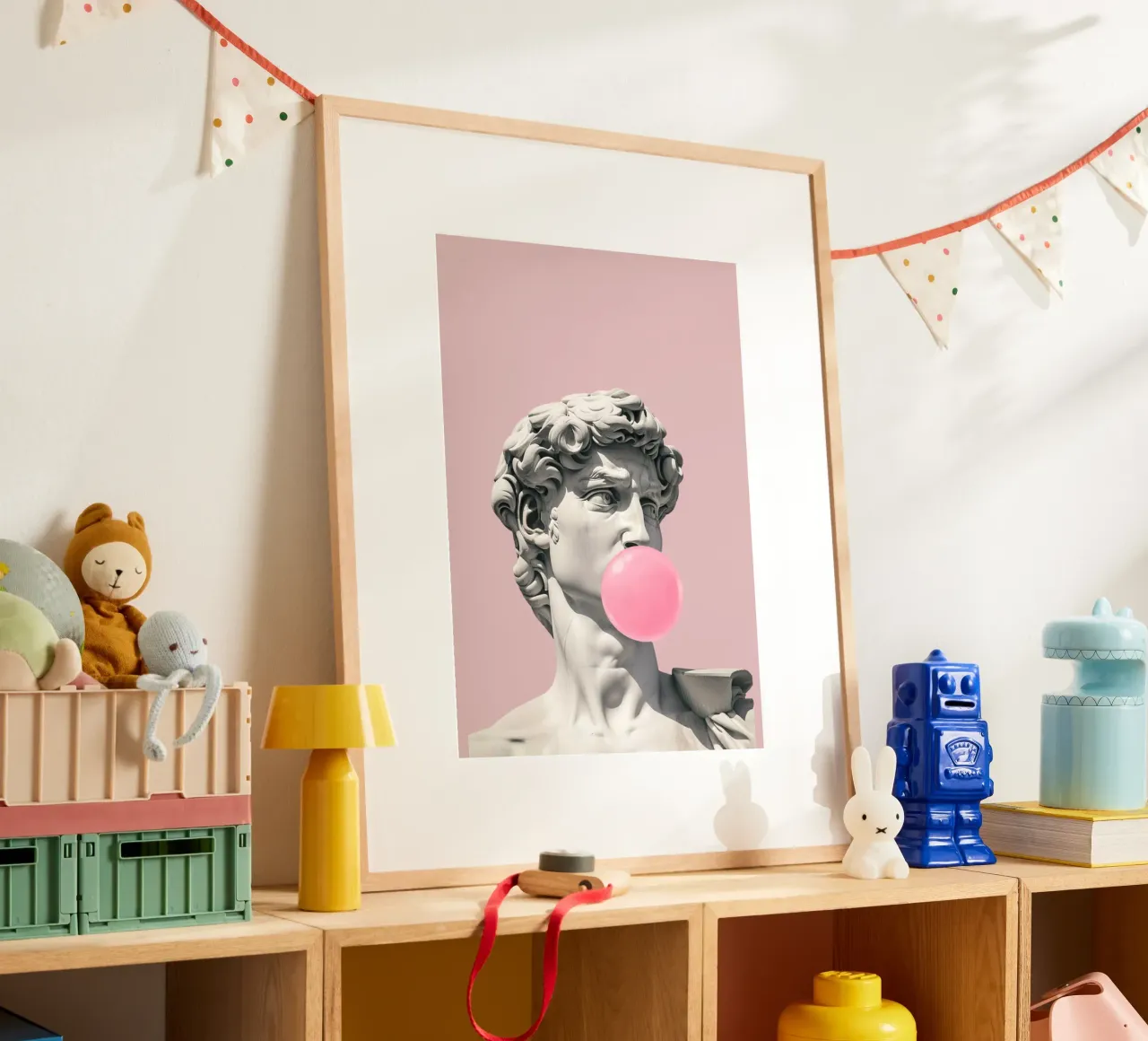 Davids bubbel: Pop Art beeldhouwkunst, kauwgom en renaissancetrend poster met kunststof frame van NorwesClub