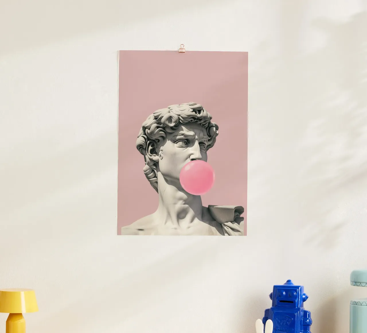 Davids bubbel: Pop Art beeldhouwkunst, kauwgom en renaissancetrend poster met kunststof frame van NorwesClub