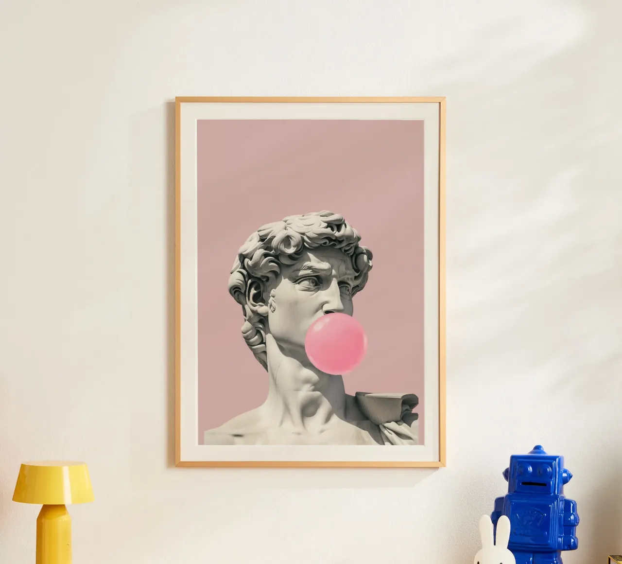 Davids bubbel: Pop Art beeldhouwkunst, kauwgom en renaissancetrend poster met kunststof frame van NorwesClub