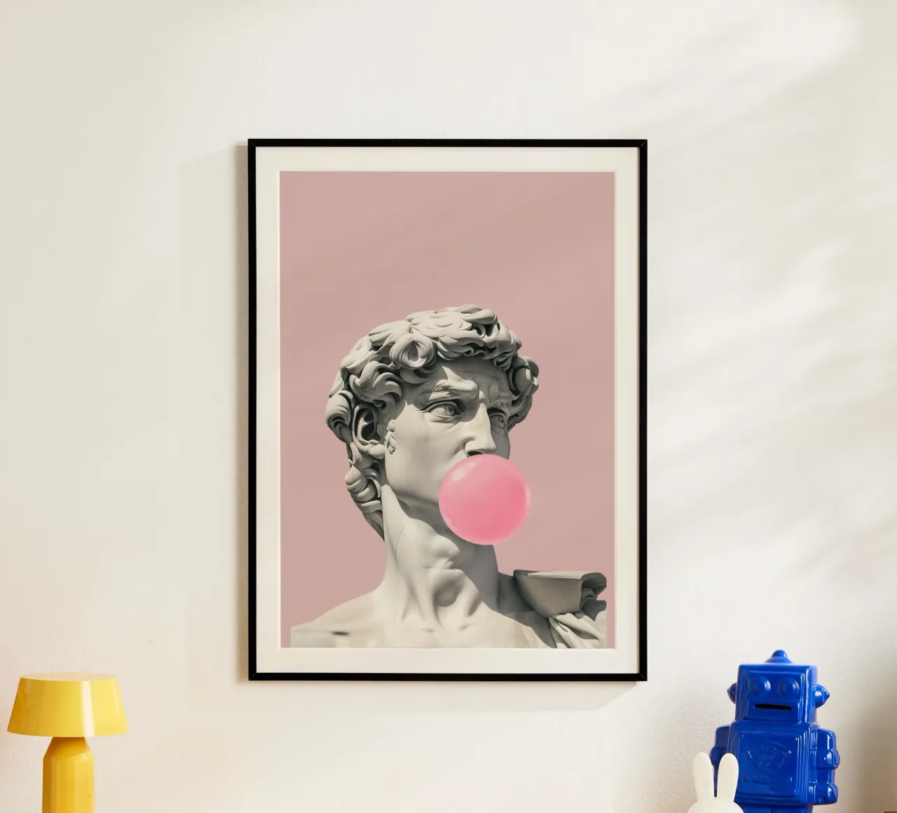 Davids bubbel: Pop Art beeldhouwkunst, kauwgom en renaissancetrend poster met kunststof frame van NorwesClub