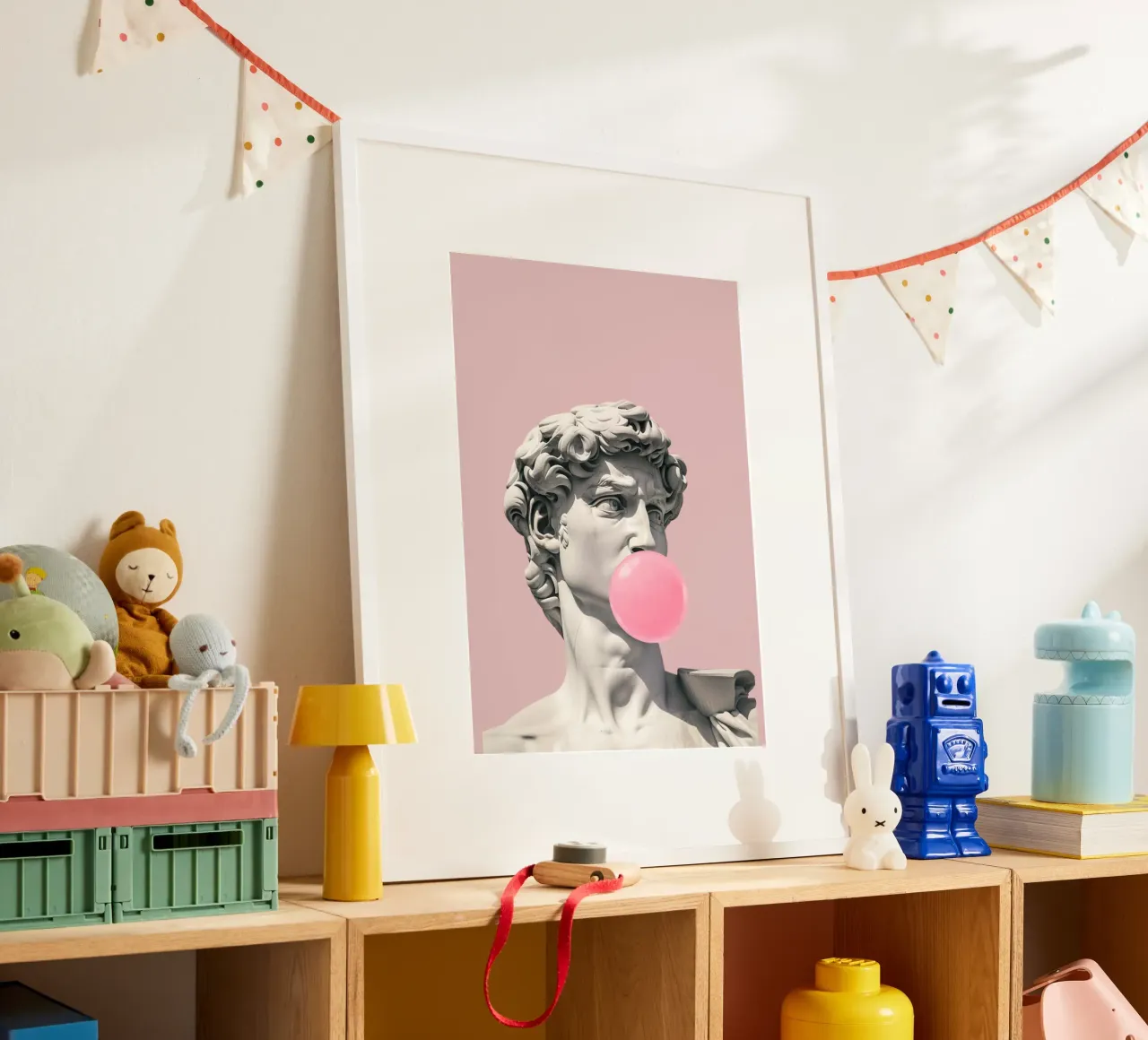 Davids bubbel: Pop Art beeldhouwkunst, kauwgom en renaissancetrend poster met kunststof frame van NorwesClub