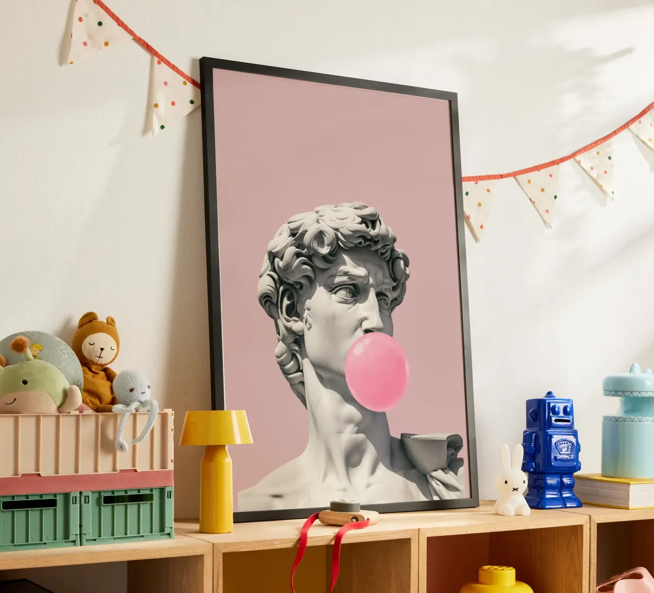 Davids bubbel: Pop Art beeldhouwkunst, kauwgom en renaissancetrend poster met kunststof frame van NorwesClub