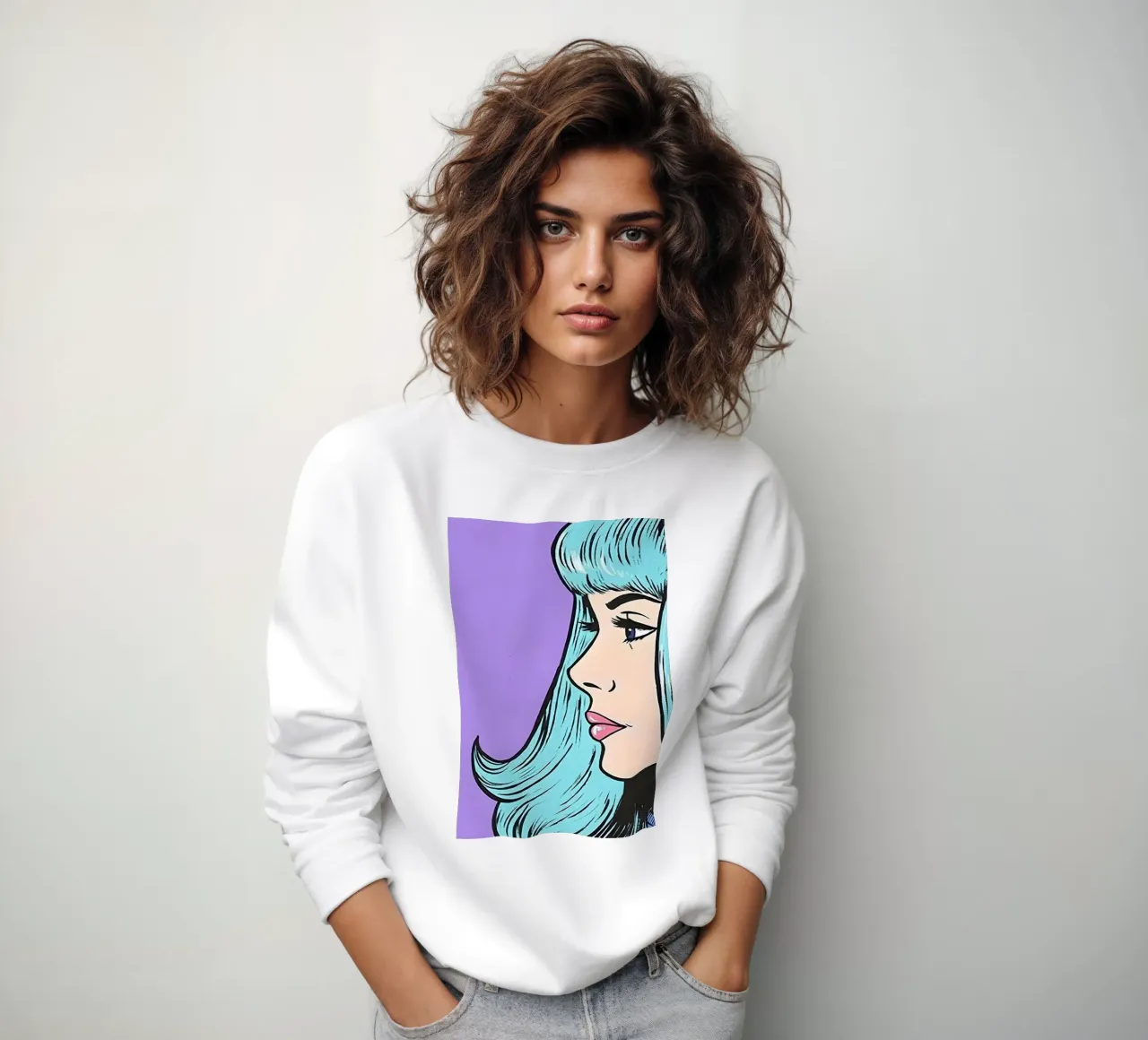 Blauw haar Pop: Retro vrouw, stripportretkunst sweatshirt van NorwesClub
