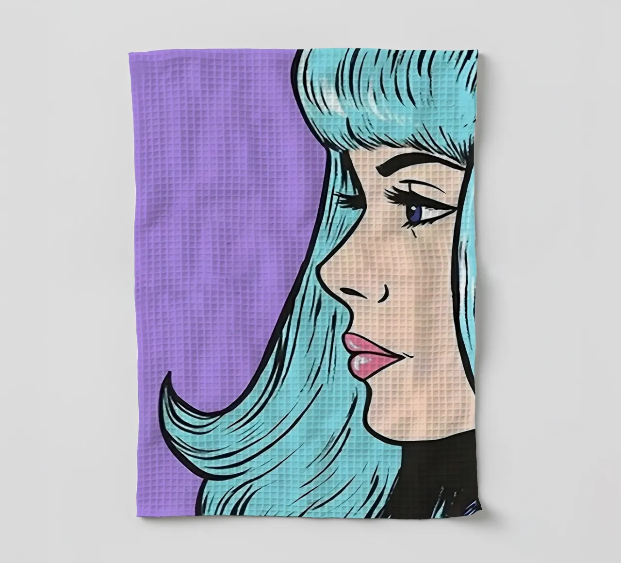 Blue Hair Pop: Retro Woman, Comic Book Portrait Art tea towel by NorwesClub