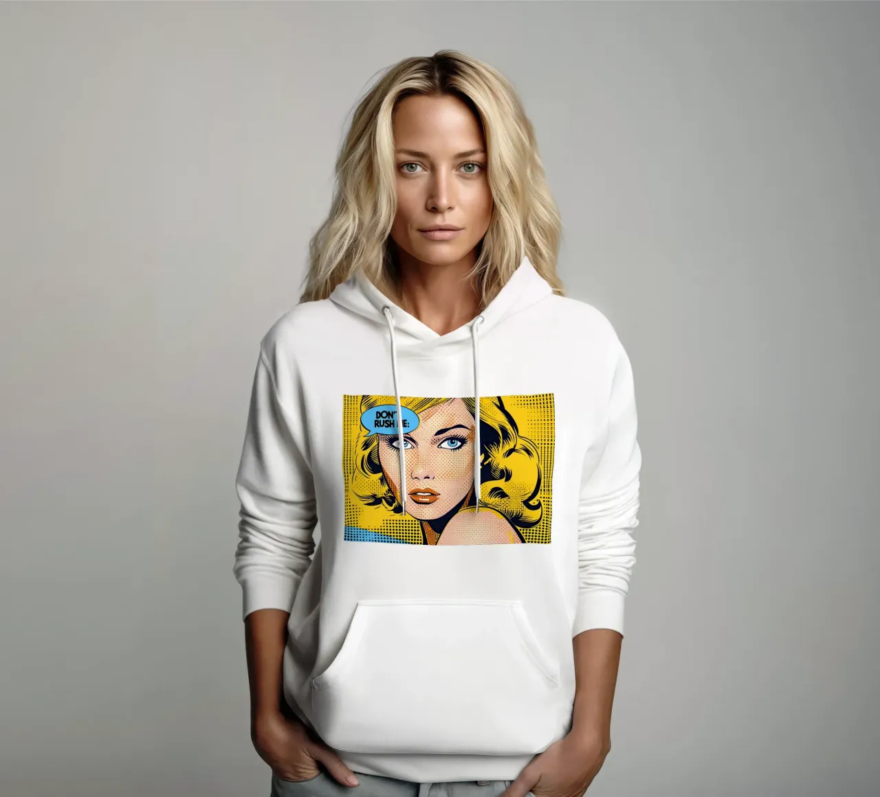 Lichtenstein Pop: fumetto "Don't Rush Me", giallo e blu felpa con cappuccio da NorwesClub