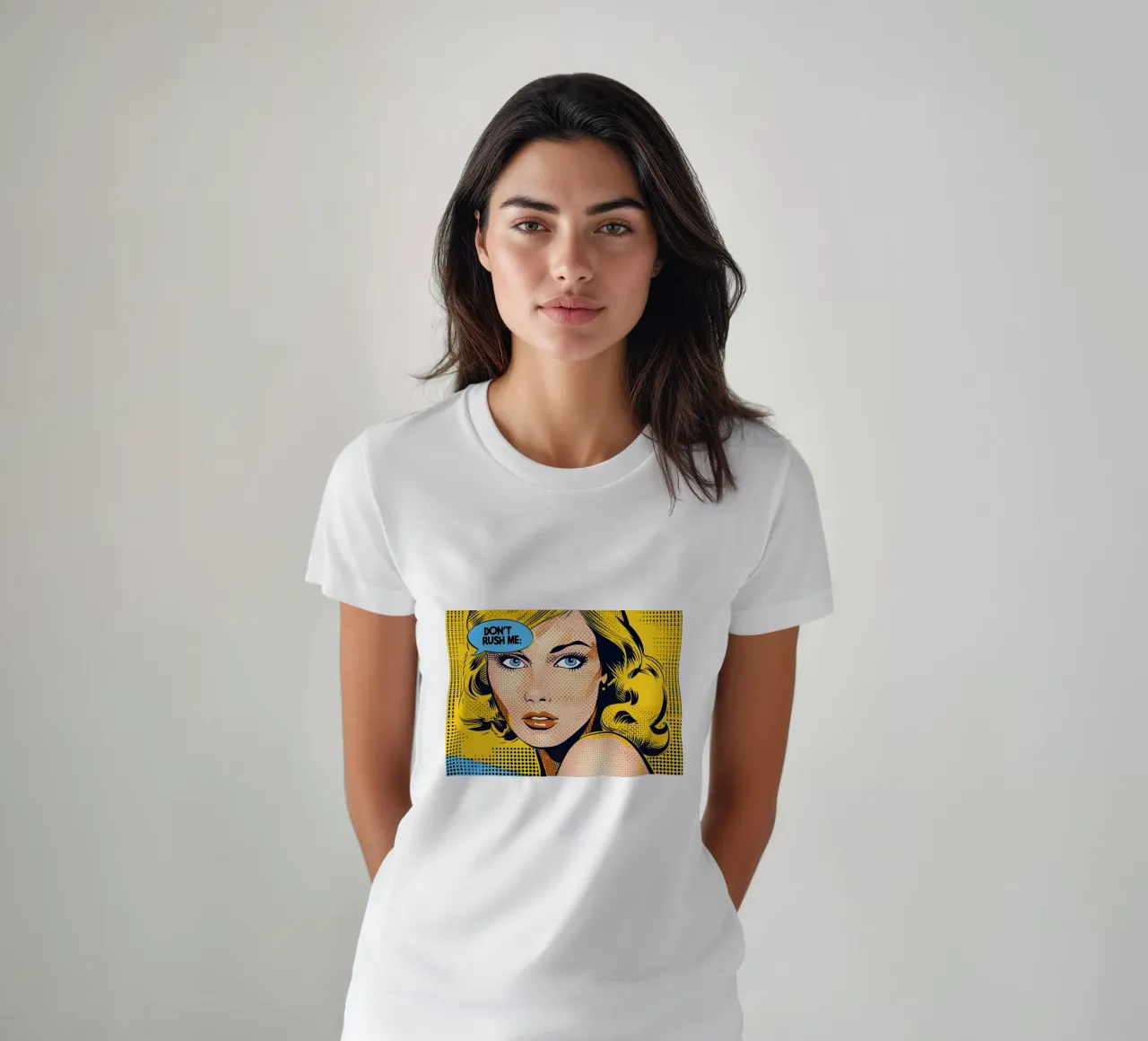 Lichtenstein Pop: "Don't Rush Me" Comic Art, Yellow & Blue t-shirt by NorwesClub