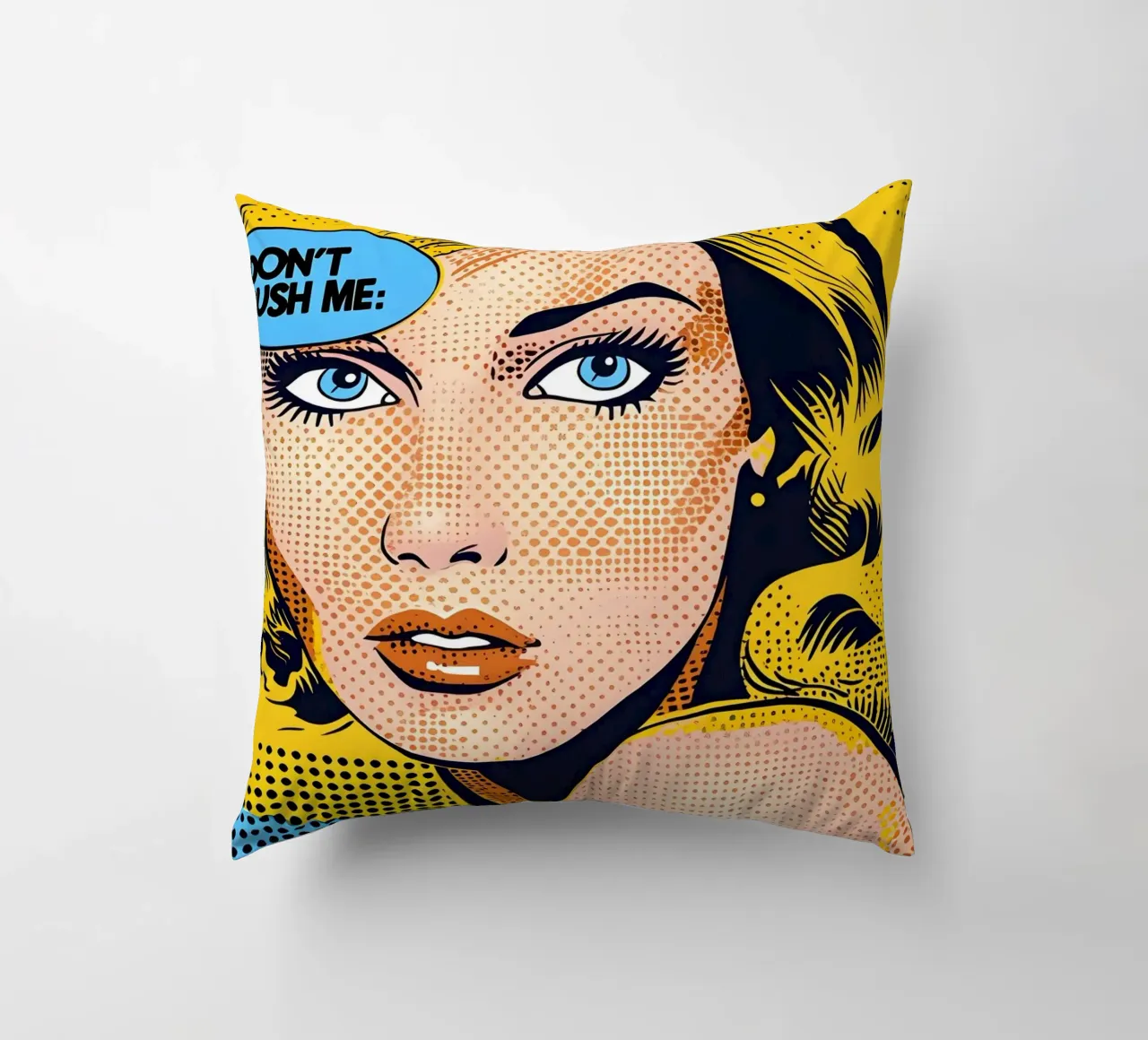 Lichtenstein Pop: "Don't Rush Me" Comic Art, Yellow & Blue decorative cushion by NorwesClub